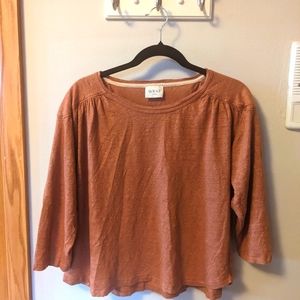 Wrap London 100% Linen Knit Top, pleated shoulder detail, rust color, size 14